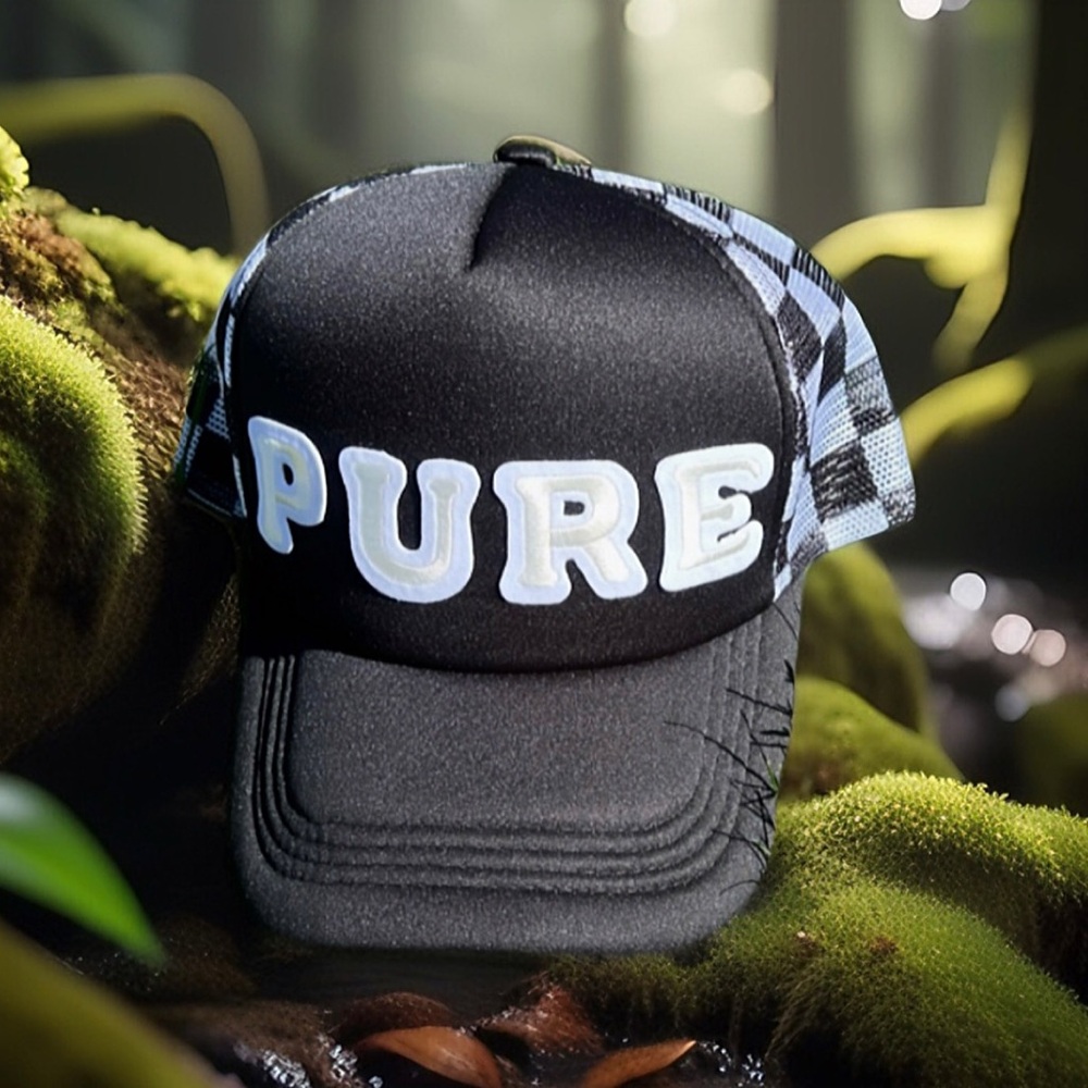 Black and White Trucker Hat with 'PURE' Logo